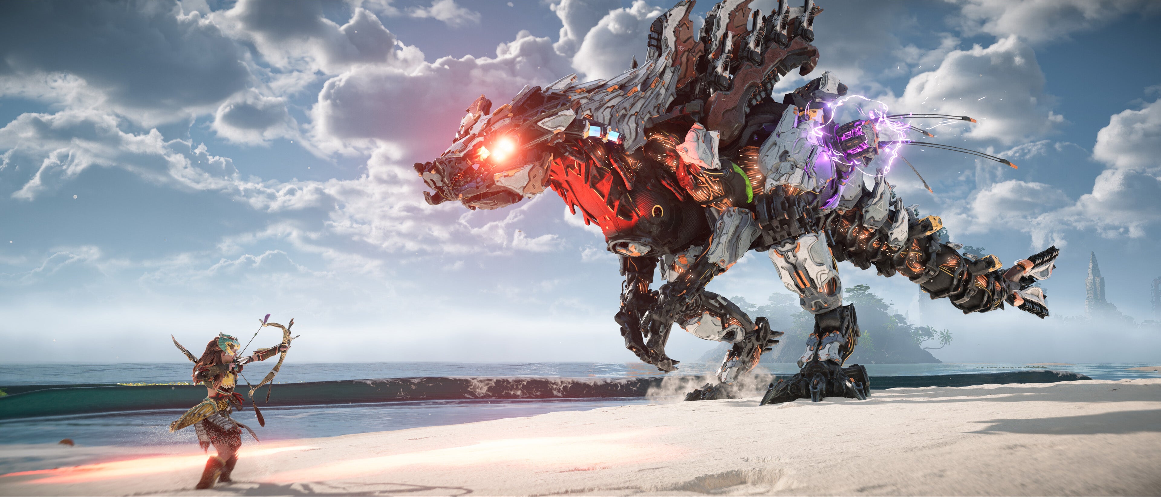 horizon forbidden west complete edition pc 21:9 aspect ratio screenshot showing aloy on a beech fighting a robot