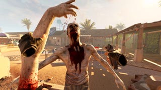 A screenshot from Arizona Sunshine 2 showing the player slapping a zombie around the face with a severed zombie arm.
