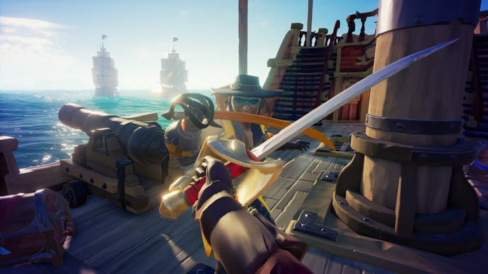 Two pirates engage in a sword fight onboard a pirate ship in Sea of Thieves