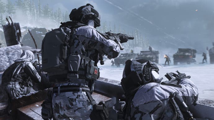 Screenshot from Call of Duty Modern Warfare 3 showing soldiers in white camo gear fighting on a snowy plain