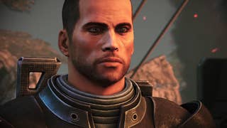 Close up of MaleShep, male soldier protagonist in sci-fi RPG Mass Effect
