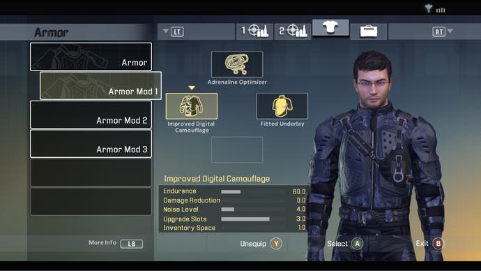 Alpha Protocol screenshot showing armour mod menu and player character