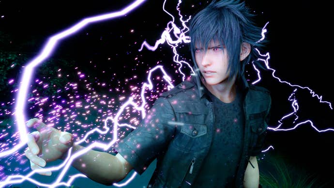 Screenshot of Noctis from Final Fantasy 15 with spiky dark hair, all-black outfit, and glowing energy