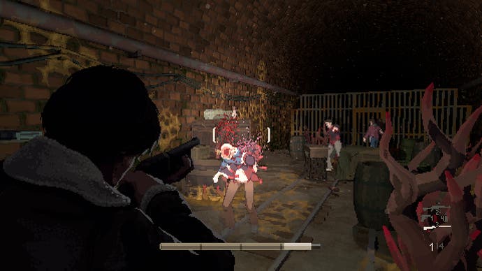 A man aims a shotgun in a spooky corridor at a zombie in Holstin.