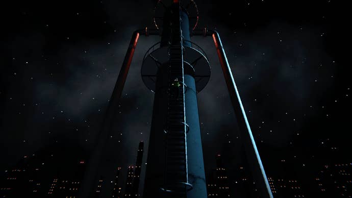 A large industrial towers stretches towards a dark sky in Silenus