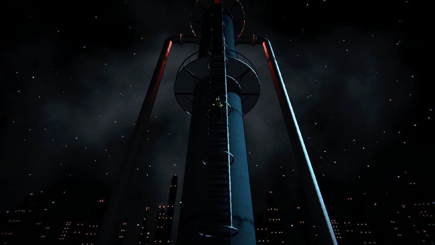 A large industrial towers stretches towards a dark sky in Silenus