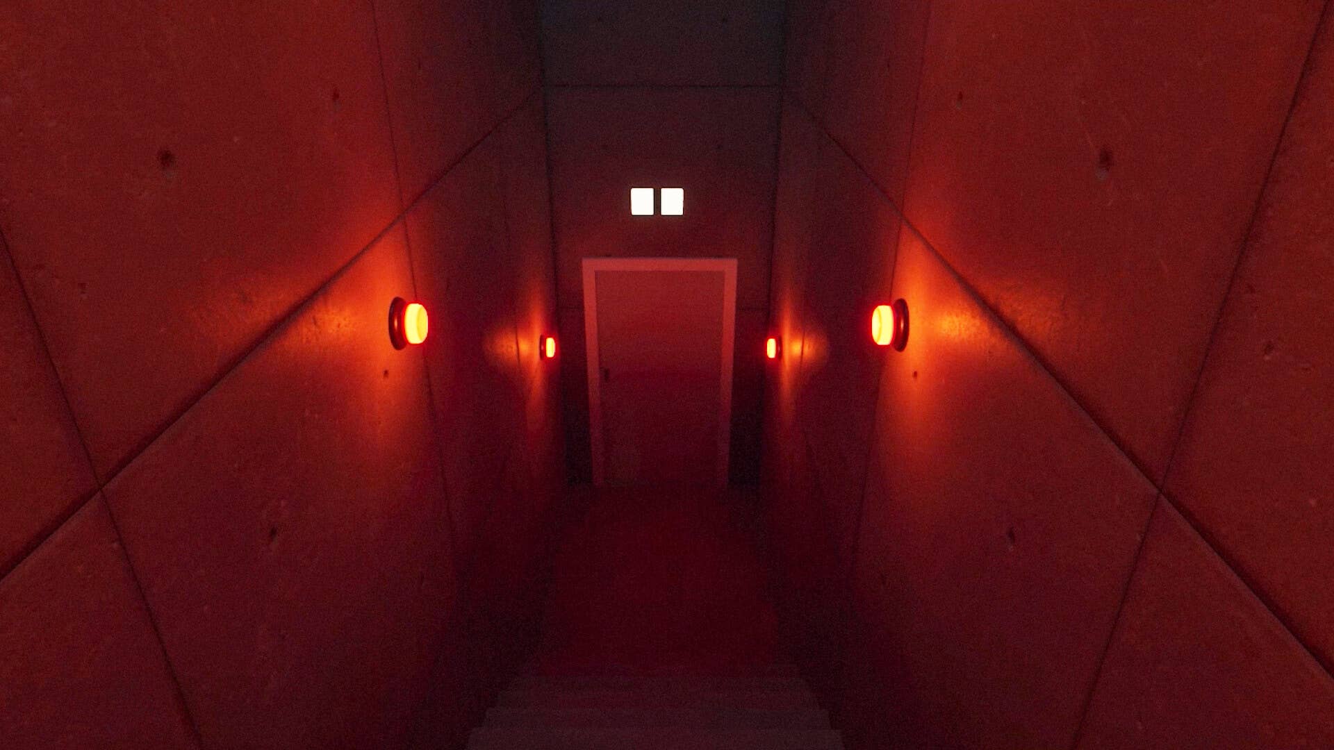 Dead Take screenshot showing a red lit horror-esque corridor leading to a door
