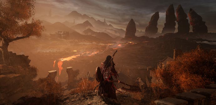Lords of the Fallen preview - the player looks out over a vast world of molten lava and red-brown rocks