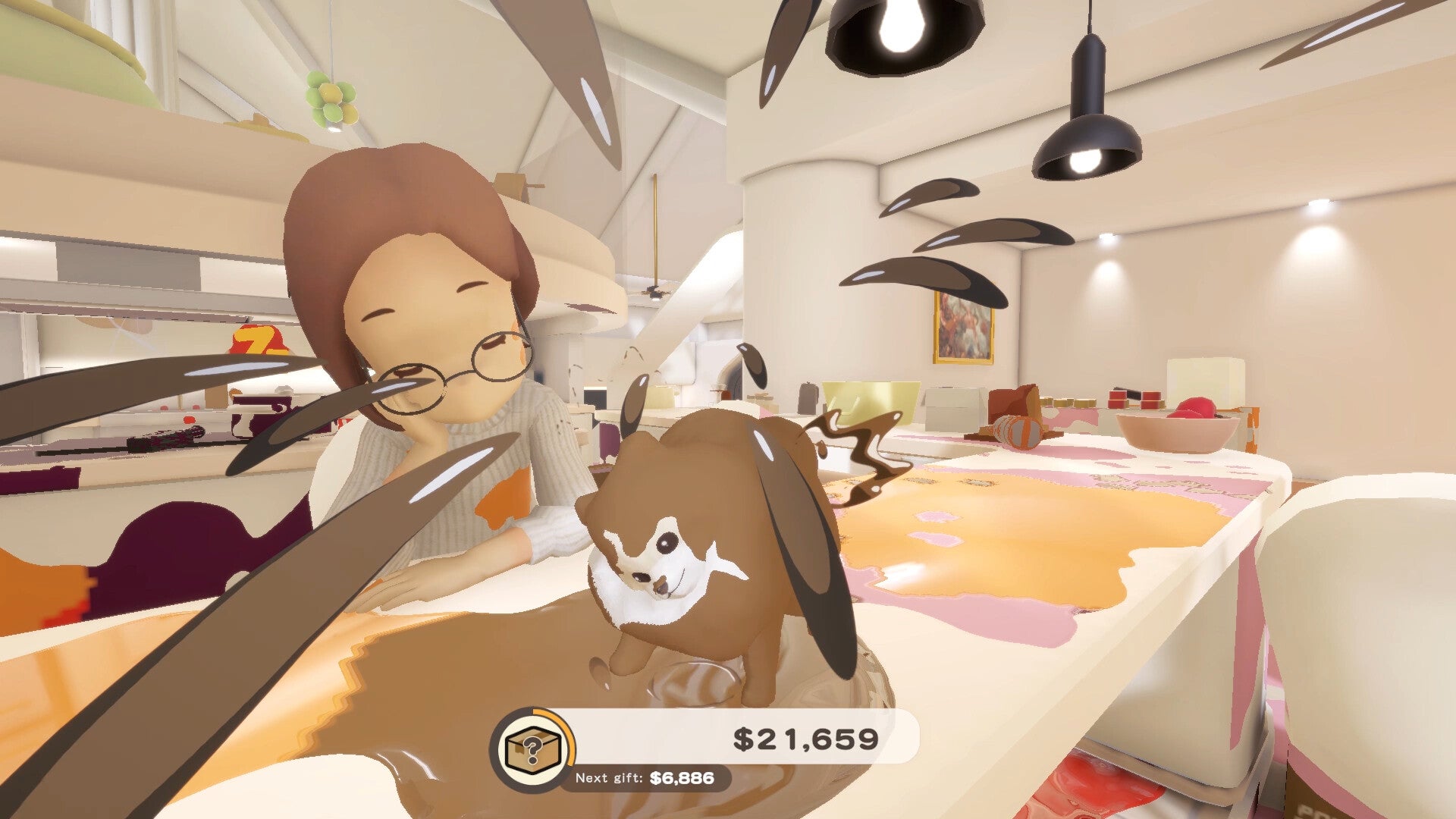 The Pomeranian sprays what you have to hope is mud all over the white kitchen counters while its owner looks on in bemusement. - 35