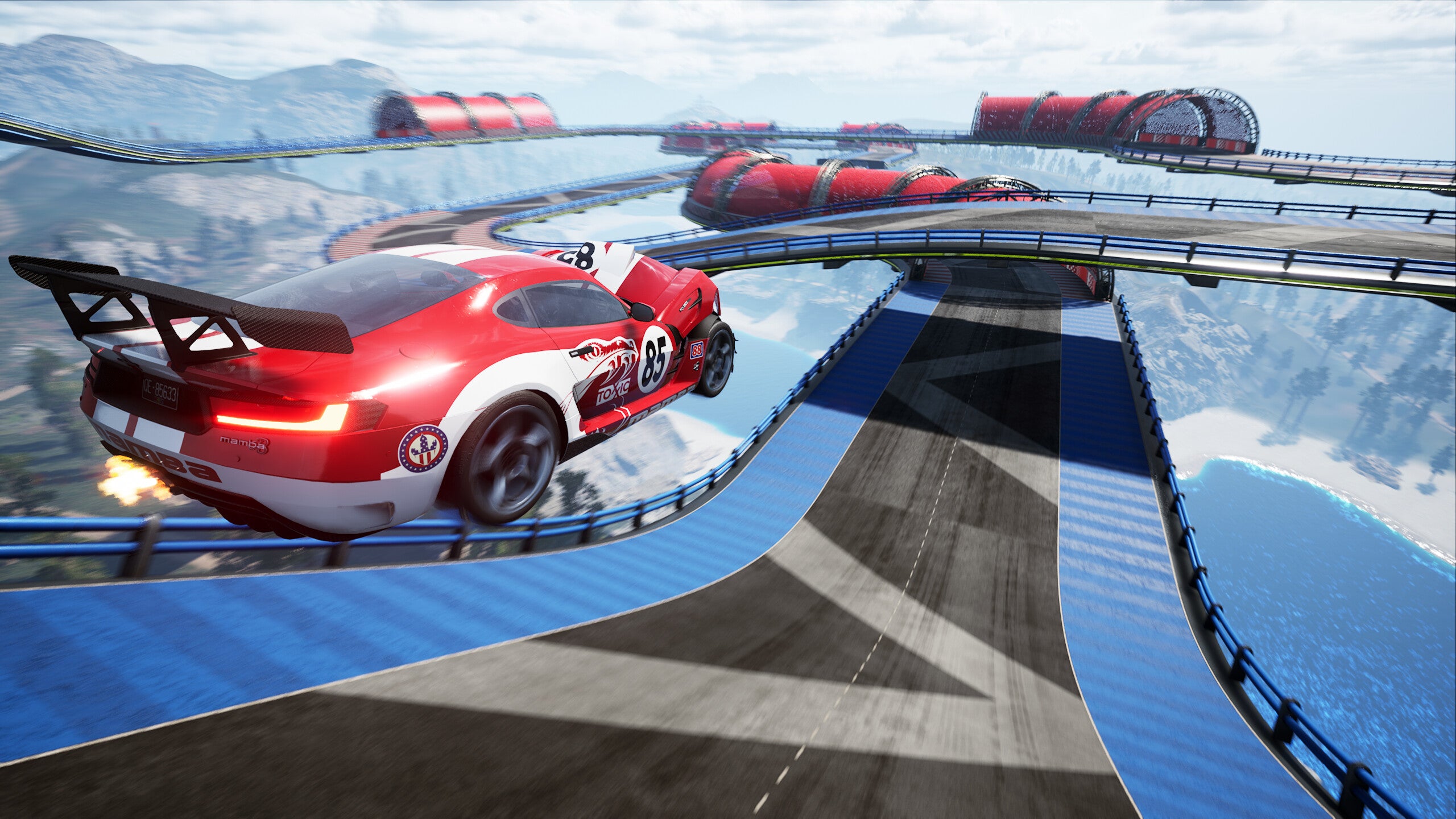 A car jumping on a sky track in in Wreckreation.