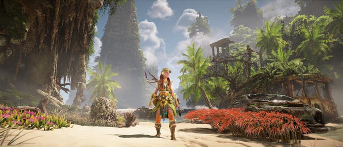horizon forbidden west complete edition pc 21:9 aspect ratio screenshot showing aloy on a beach