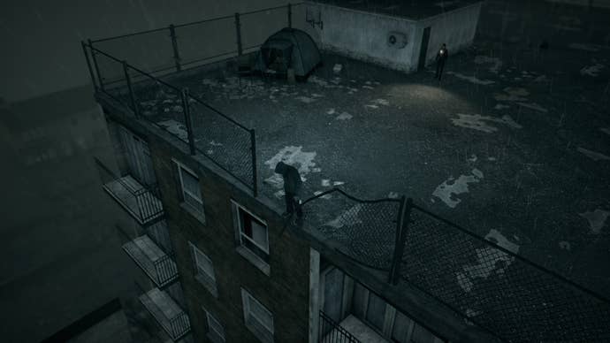 A screenshot from Hollowbody shows two people on the roof of a high-rise building. One with a flashlight is near a doorway; the other stands on the edge of the building, staring down into oblivion