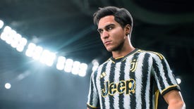 A headshot of a footballer in a black and white striped jersey, from EA Sports FC 24