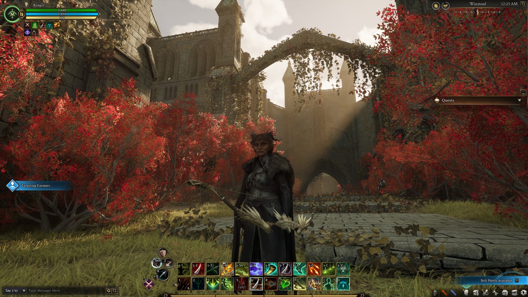 A screenshot showing a fantastical scene of a fantasy character set against a background of red leaves in front of a gothic castle