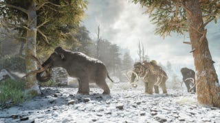 An Ark: Survival Ascended screenshot showing three woolly mammoths stood in a snowy clearing surrounded by trees.