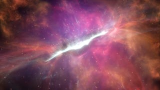 A screenshot from Stellaris' Astral Planes expansion showing a crack-like dimensional rift forming in the depths of space.