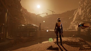 A screenshot of Deliver Us Mars showing an astronaut stood on the surface of Mars observing two towering cranes operating near high cliffs in the distance.