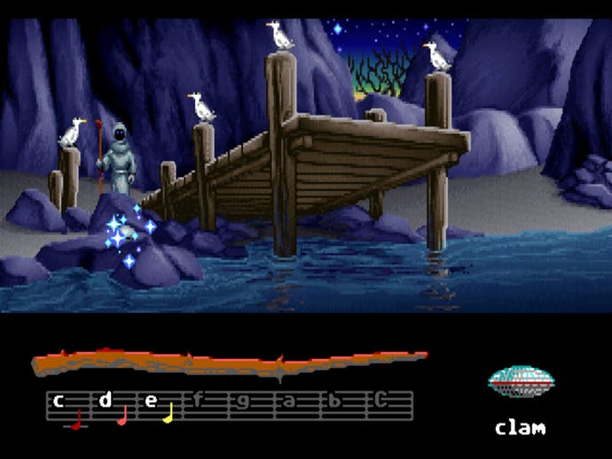 A wooden jetty with birds sat on the post and a hooded figure approaching in Loom. It's night and the bottom of the screen shows a musical stave.