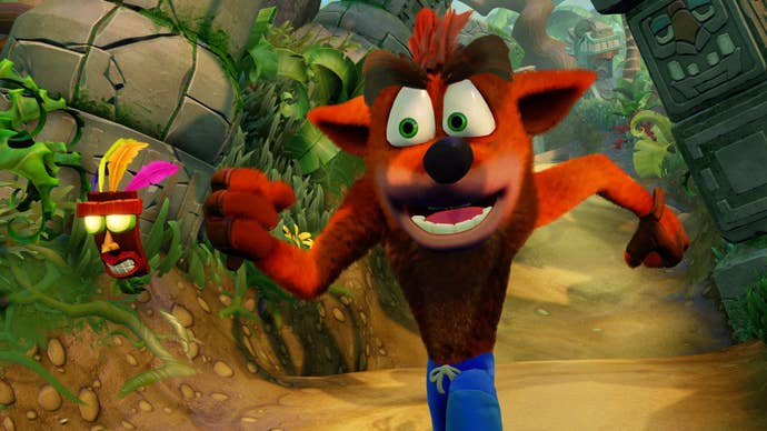 Crash Bandicoot running alongside Aku Aku