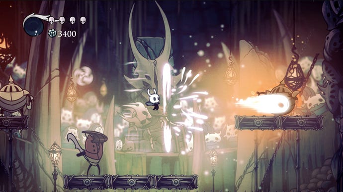 A small knight unleashes a powerful blast in Hollow Knight