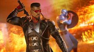 Half human, half vampire Blade stands in front of a wall of flame, alongside Captain America in Marvel's Midnight Suns