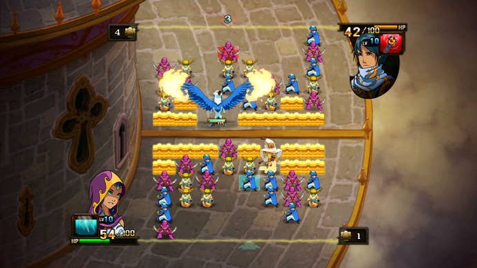 A battle underway in Clash of Heroes, with lots of walls on each side.