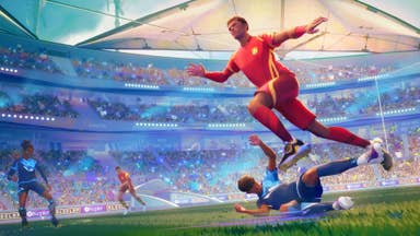Rematch artwork showing two football players on a pitch, one wearing red and one wearing blue