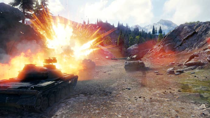A bombastic screenshot from World of Tanks showing tanks and explosions