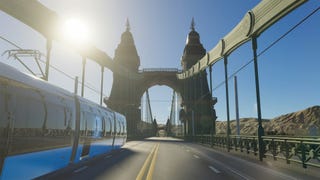 A screenshot from Cities: Skylines 2 showing a tram crossing a bridge from eye-level.