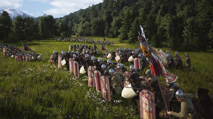 Manor Lords screenshot showing a small army of militia across a field