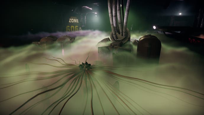 A screenshot from GTFO showing a dimly lit sci-fi interior with a disturbing multi-tentacled created visible through the thick mist creeping across the floor.