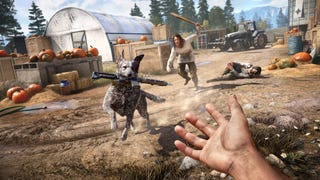 A woman chases after a dog with a gun in its mouth in Far Cry 5