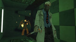 A screenshot from Dusk HD showing a doctor-like enemy walking down a green corridor carrying a large syringe.