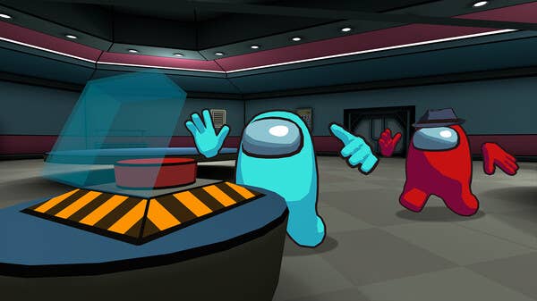 Among Us 3D screenshot of a bean pushing a button.