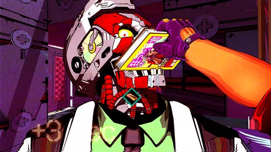 Jack shoves his favourite manga in a robot's mouth in Mullet Mad Jack