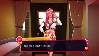 A pretty feminine character long pink hair and a cropped white suit jacket stands in the hallway of a house. They say our life is about to change.