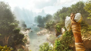A screenshot of Ark: Survival Ascended showing the player looking down over a meandering river in first-person, while dinosaurs saunter between the thick jungle foliage on either side.