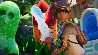 Screenshot from Grounded showing a player holding a sword-like weapon looking back over their shoulder