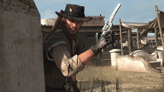 Red Dead Redemption screenshot showing John Marsden protagonist in hat holding a pistol