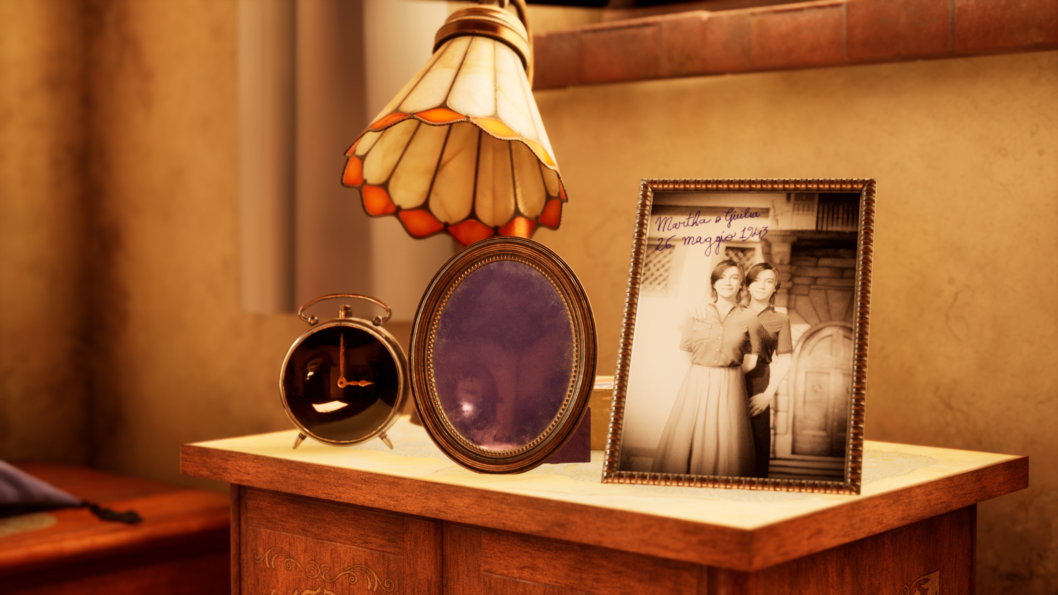 Martha is Dead screenshot showing a photograph on a side table. In the photo are two young girls - Martha and her twin Giulia