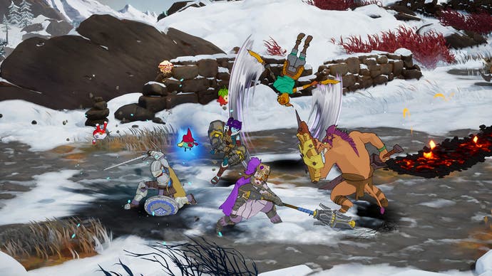 Tangkapan layar Towerborne menunjukkan empat pemain melawan monster dalam berbagai pose dan membalik