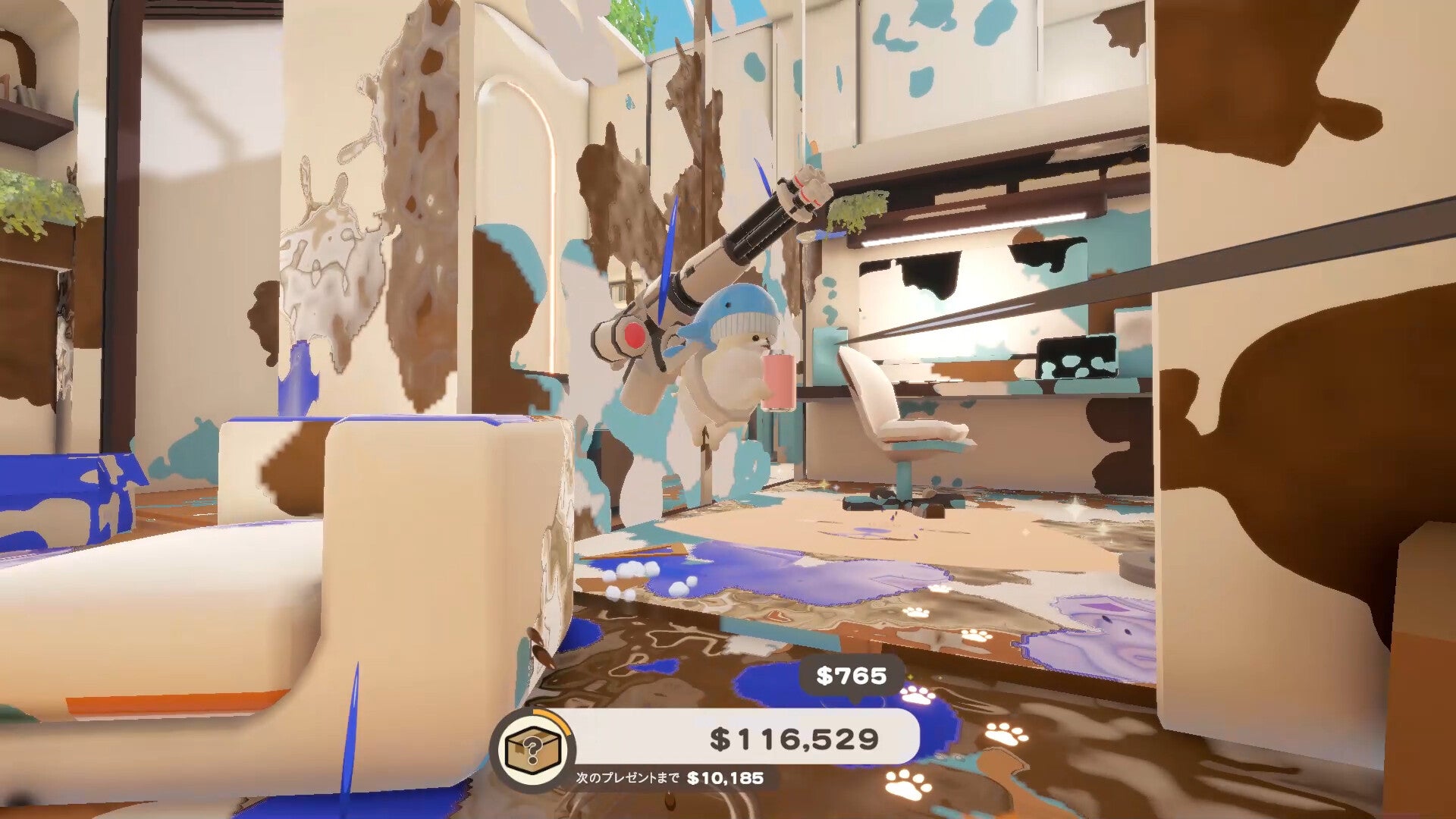 A floating pomeranian with a gatling gun backpack and a shark hat sips from a pink cup surrounded by the chaos it created - 1