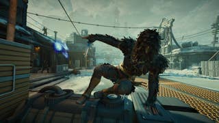 A character in a leafy ghilli suit leaps over a platform towards the camera while being shot at from afar.