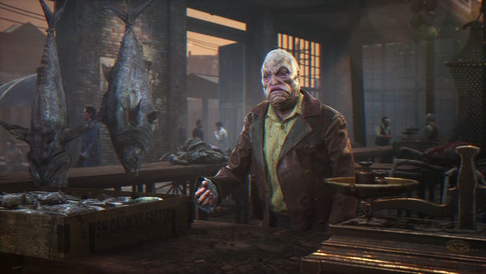 Screenshot from The Sinking City showing a fish salesman with a fish-like face