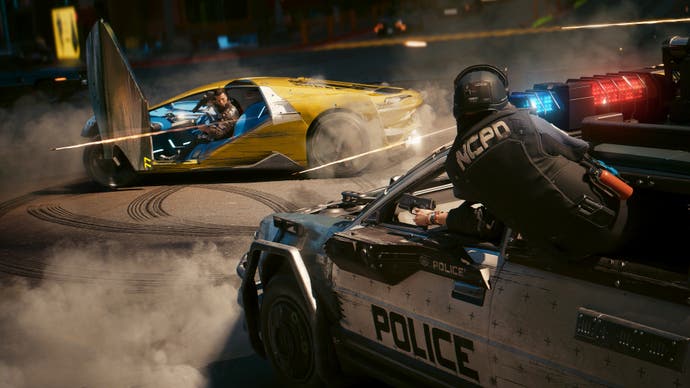 Screenshot showing vehicle combat in Cyberpunk 2077