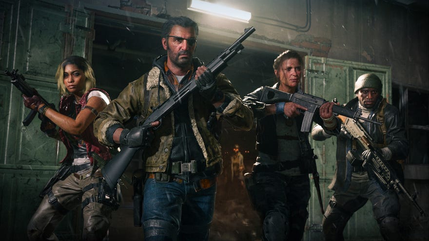 Four Call Of Duty: Black Ops 6 operators, all holding different firearms, prepare for combat.