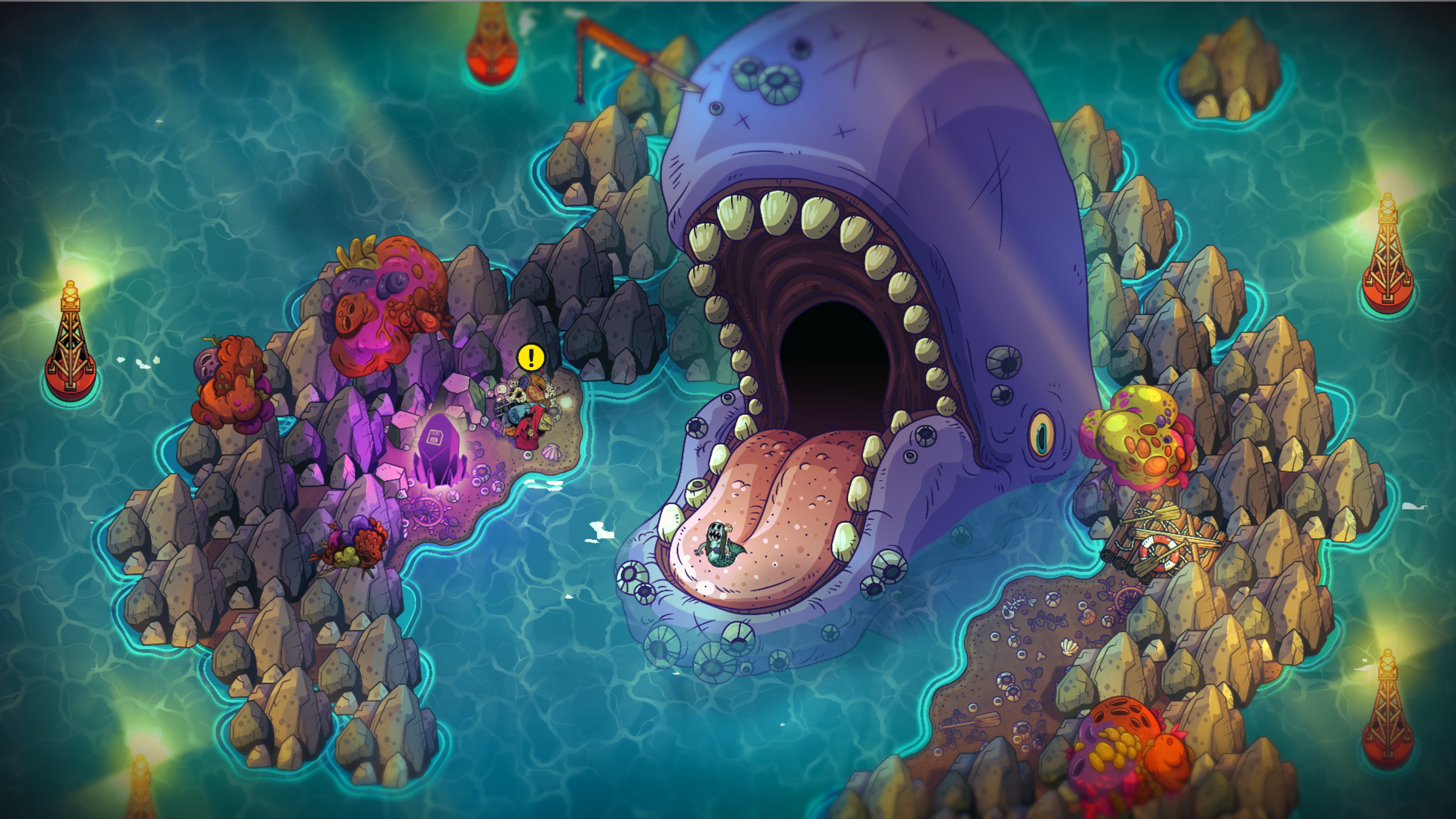 Screenshot from Nobody Saves the World showing a barnacle crusted whale rising from the waster with an open mouth
