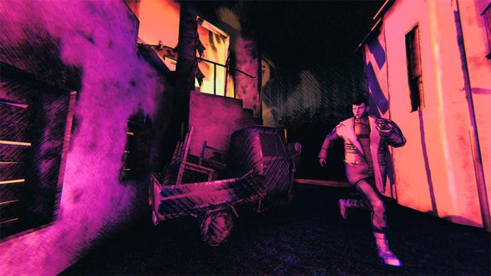 A screenshot from Saturnalia showing a young man running down a narrow Sardinian street stylistically presented in shimmering, psychedelic hues of purple, pink, and black.