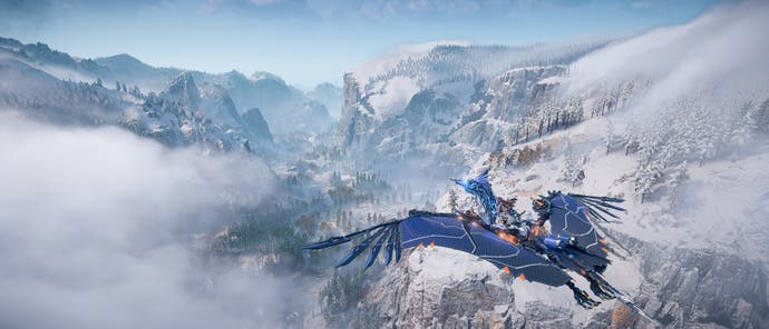 horizon forbidden west complete edition pc 21:9 aspect ratio screenshot showing aloy riding a robotic bird