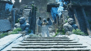 Screenshot from ARK: Survival Ascended showing a snowy area with a yeti-like creature standing at the top of some stairs